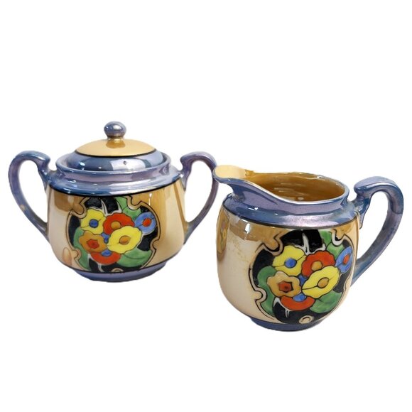 Japanese Vintage Lusterware Sugar & Creamer Set Iridescent Purple Glaze - Picture 1 of 10